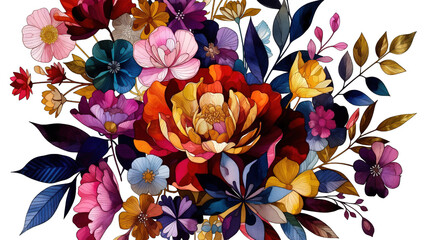 Vibrant and diverse bouquet of stylized colorful flowers and leaves, a richly detailed digital Trensprent  Background png