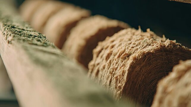 Rows of rolled natural fiber material await processing or storage in a manufacturing environment