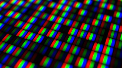 RGB LED Pixel Screen Macro Grid 3D representation for semiconductor industry presentations, digital display hardware technology, and high-resolution 4K broadcast backgrounds