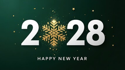 Happy New Year 2028: Festive Golden Snowflake, Glitter Confetti & Stars on Deep Green Background - Elegant Celebration Greeting