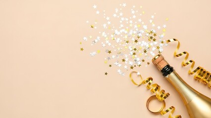 Luxury Gold Champagne Bottle with Star Confetti & Ribbon - Festive Celebration Background for New Year, Birthday, Wedding, Anniversary