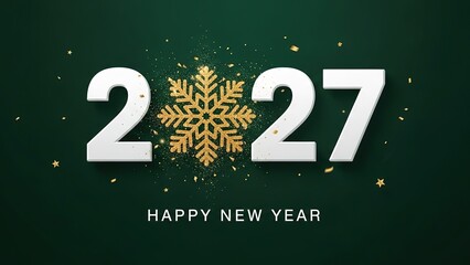 Happy New Year 2027 Greeting: Elegant Golden Snowflake, Confetti & Stars on Deep Green Background - Festive Winter Celebration & New Beginnings
