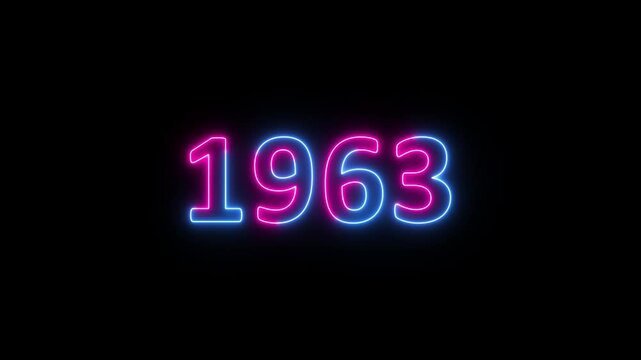 Glowing neon 1963 year text looped animation on black background. Abstract 1963 neon text animation, Blue and pink text concept of counting years.