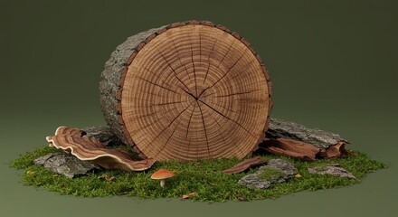 Close-up forest floor studio shot: vibrant green moss, textured tree stump cross-section, natural bark, and small orange mushroom on muted green background, evoking woodland atmosphere.