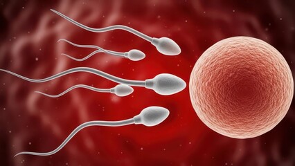 Sperm approaching egg illustration depicting fertilization process.