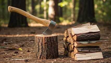 Axe resting on log beside stacked firewood in forest setting  