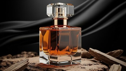 Luxury Amber Perfume Bottle on Wood and Silk