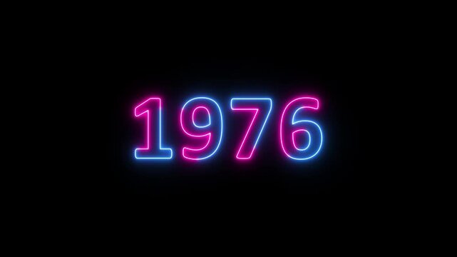 Glowing neon 1976 year text looped animation on black background. Abstract 1976 neon text animation, Blue and pink text concept of counting years.
