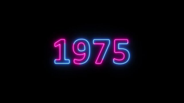 Glowing neon 1975 year text looped animation on black background. Abstract 1975 neon text animation, Blue and pink text concept of counting years.