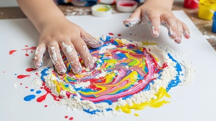 child&rsquo;s hands mixing white flour with vibrant liquid paints to create abstract sensory art, for early childhood education, parenting blogs, art therapy, and creative hobby websites