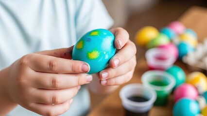 child hands holding turquoise painted easter egg with yellow spots for family blogs, parenting websites, creative hobby clipart, diy education, and holiday promotion, on bokeh background