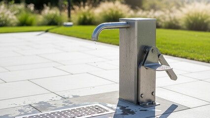 modern outdoor stainless steel water pump with manual lever in public park, for urban planning blogs, eco-friendly infrastructure websites, clean water awareness, and community presentations