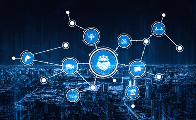 A visual representation of a digital network showcasing various icons related to business, technology, and collaboration against a vibrant city backdrop, symbolizing growth. Tessel