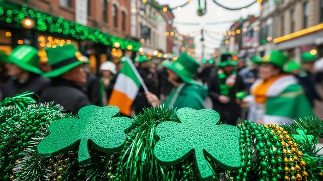 Decorated shamrocks and beads with people in green hats celebrating St. Patricks Day in a vibrant street parade.