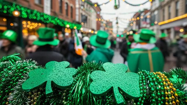 Irish parade with people wearing green hats celebrating St. Patricks day in blurry festive street with shamrock decoration.