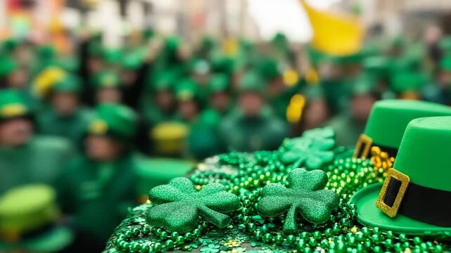 Confetti and clover with leprechaun hat for Saint Patricks day celebration and parade with blurred crowd in green clothing.