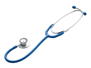 Blue stethoscope isolated on transparent background, medical instrument for listening body sounds