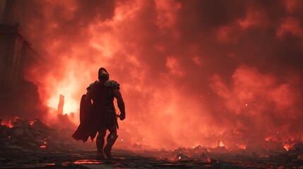 Ares standing amidst burning ruins, divine red glow reflecting on his armor, battlefield filled with smoke and ash, cinematic lighting, ultra-realistic fine art, intense war atmosphere — v 7 