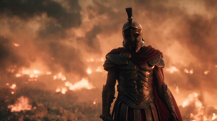 Ares standing amidst burning ruins, divine red glow reflecting on his armor, battlefield filled with smoke and ash, cinematic lighting, ultra-realistic fine art, intense war atmosphere — v 7 