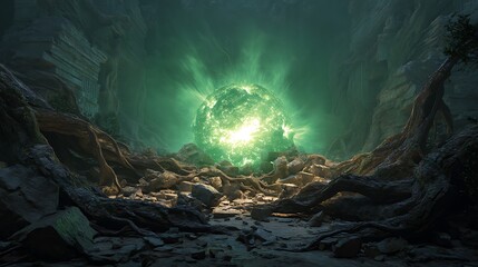 Gaia erupting from cracked earth, surrounded by roots and stone giants, glowing green energy, cinematic atmosphere, detailed fine art realism, mythic tone — v 7 