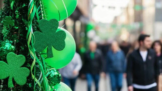 Green st patrick day decorations with shamrock and balloons alongside blurred people walking on a city street