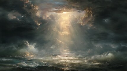 Apollo shining like the sun in a battlefield of shadows, divine bow made of light, rays cutting through black mist, hyper-realistic fine art style, dreamlike yet powerful — v 7 