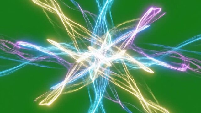 Colorful neon light trails swirling on green background, dynamic