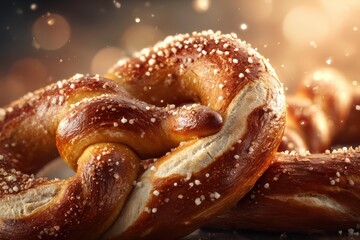 Soft pretzel with coarse salt crystals  traditional snack treat