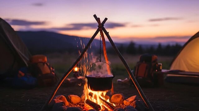 Camping scene at dusk with a campfire cooking meal under starry sky