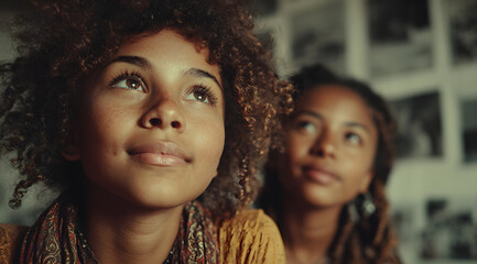 Focus on back view small two afro American girls with interest looking on pictures on the wall in gallery in Black history in community center on Black history month celebration