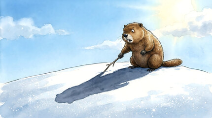 Funny groundhog poking his own shadow with a stick on snowy hill predicting six more weeks of winter for Groundhog Day