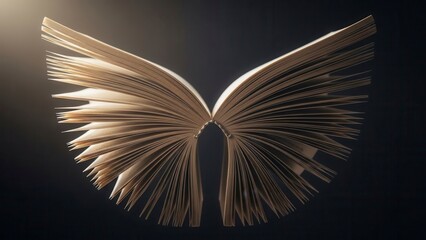 Open book transforms into majestic golden wings formed by flying pages glowing with warm light against dark ethereal background with soft spotlight. Magical literature concept