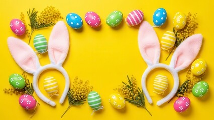 Pair of white bunny ears headbands with colorful Easter eggs and mimosa branches arranged symmetrically on bright yellow background. Easter celebration concept