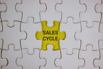 Fototapeta premium Yellow Puzzle Piece With Sales Cycle Text Among White Pieces Symbolizing Business Growth and Strategy.