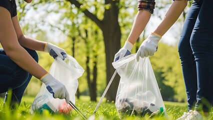 Volunteers collecting trash in a park on a sunny day