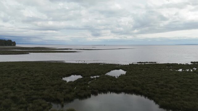 Aerial View of Bay and Swamps with Low Clouds Mirroring on Calm Water