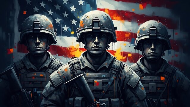 American soldiers in front of flag