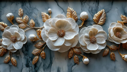 Fototapeta premium White embossed flowers with gold leaves on a marbled background