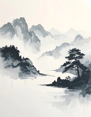 Misty Mountain Landscape with Trees and Water.