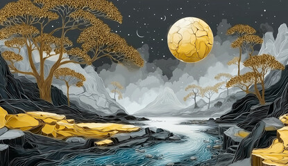 Golden moonlit landscape with trees and flowing river