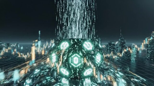 Futuristic cityscape with neon lights and data visualization