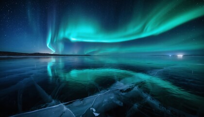 Aurora Borealis dancing across the night sky over a frozen lake.