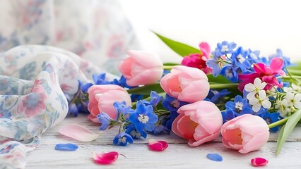 Delicate tulips and bluebells arrangement