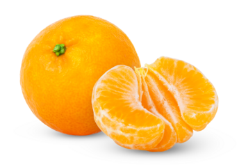 Whole tangerine and cut in a half of clementine isolated. Mandarin orange and peeled slice.