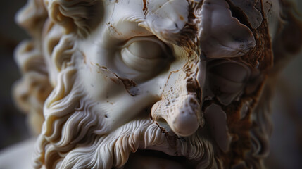 Marble statue of Zeus. A damaged marble face of Zeus symbolizing the fragility of power and the erosion of divine authority.