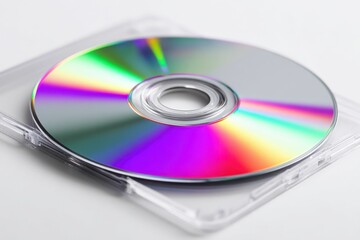 Compact disc inside clear plastic CD case, showcasing vibrant colors and reflections, perfect for music, data storage, or digital media presentation with copy space