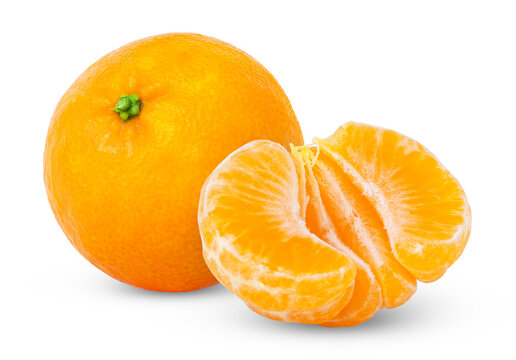 Whole tangerine and cut in a half of clementine isolated. Mandarin orange and peeled slice.