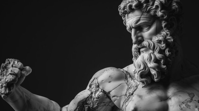 Marble statue of Zeus, an ancient god frozen in stone, expressing power, command, and unstoppable divine force.