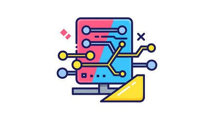 Illustration of a computer server with pink and blue color scheme and yellow circuit connections