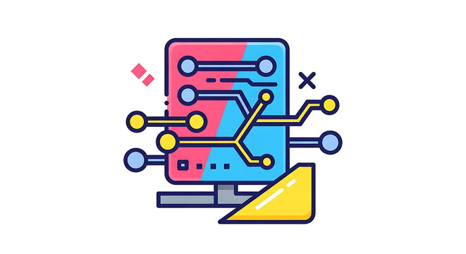 Illustration of a computer server with pink and blue color scheme and yellow circuit connections - Powered by Adobe